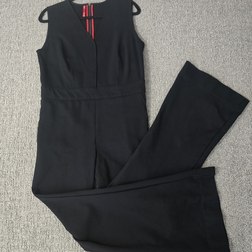 SPANX The Perfect Sleeveless Jumpsuit Black Ponte Flare Leg Shaping L